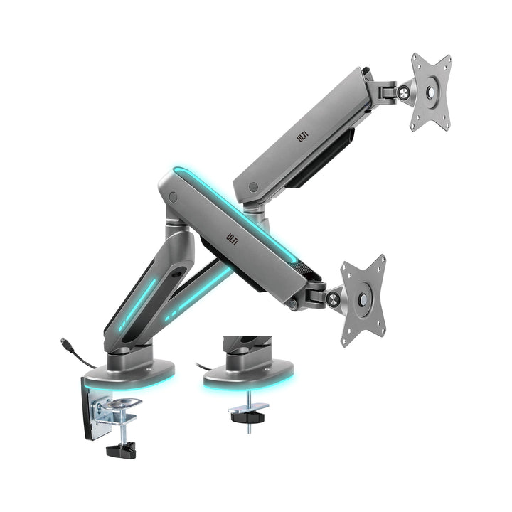 T52 dual monitor arm mounted on a desk, supporting two screens