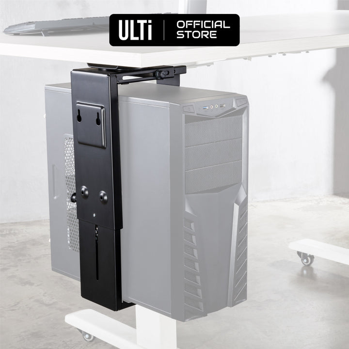 ULTI Heavy-duty PC Holder installed beneath a standing desk with a desktop tower