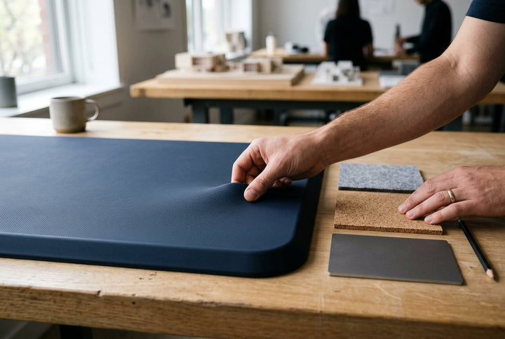 Material study of a deep navy anti-fatigue mat in a design studio