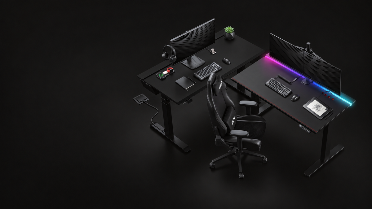 ULTI Arc Pro and Aura Pro standing desks in a complete premium workspace