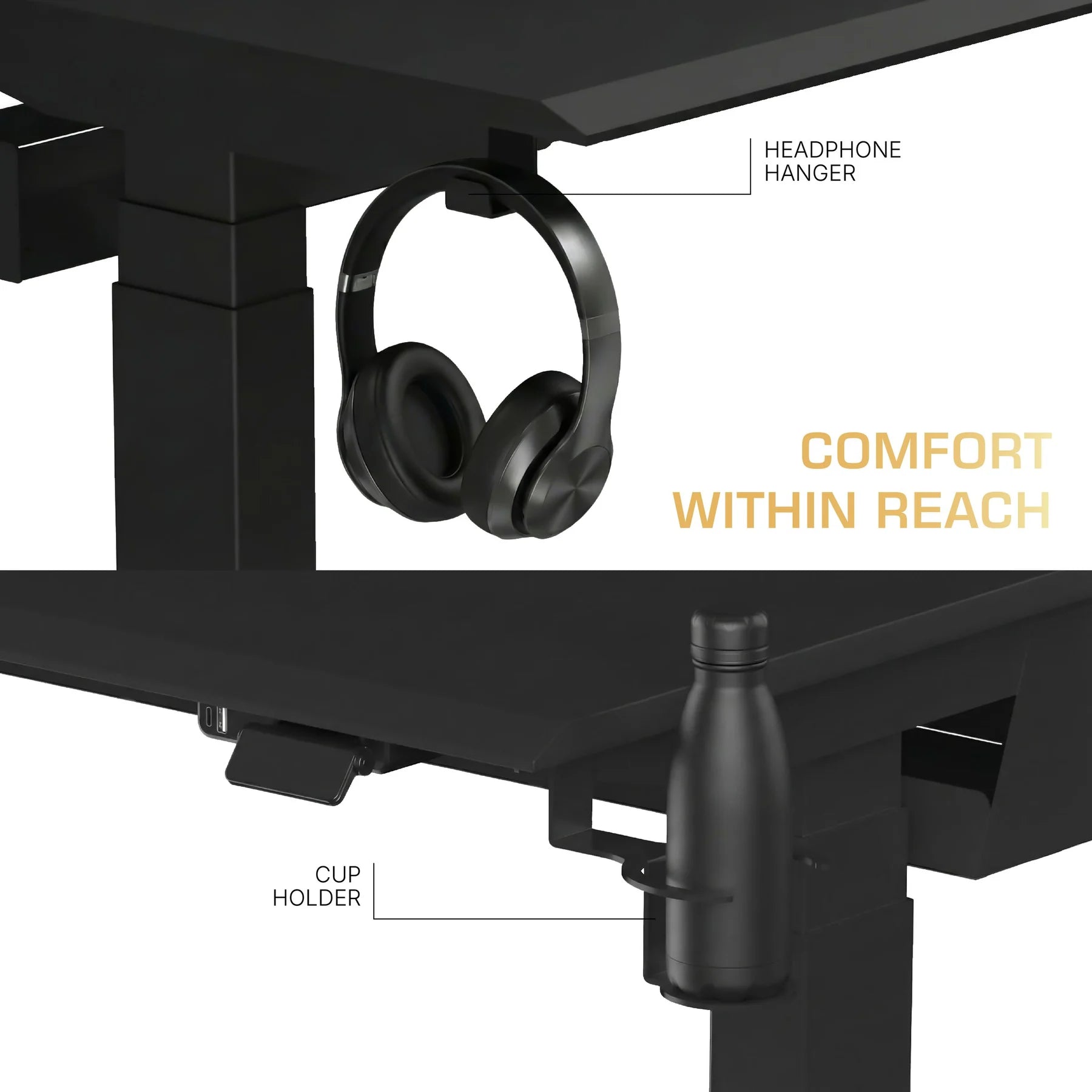 Headphones hanging from the headphone hanger and a bottle in the cup holder under the Arc Pro desk