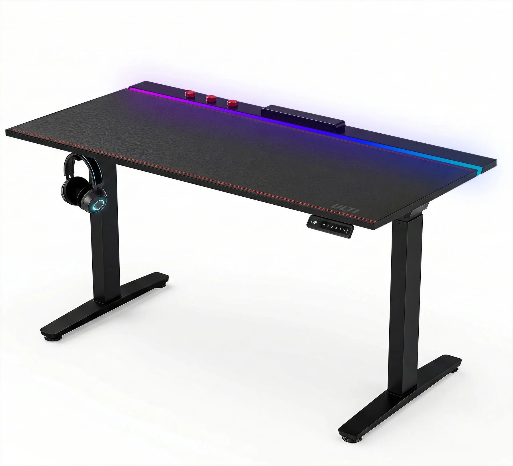 Aura Pro RGB Metal Standing Desk with ambient RGB lighting in a dark studio setting