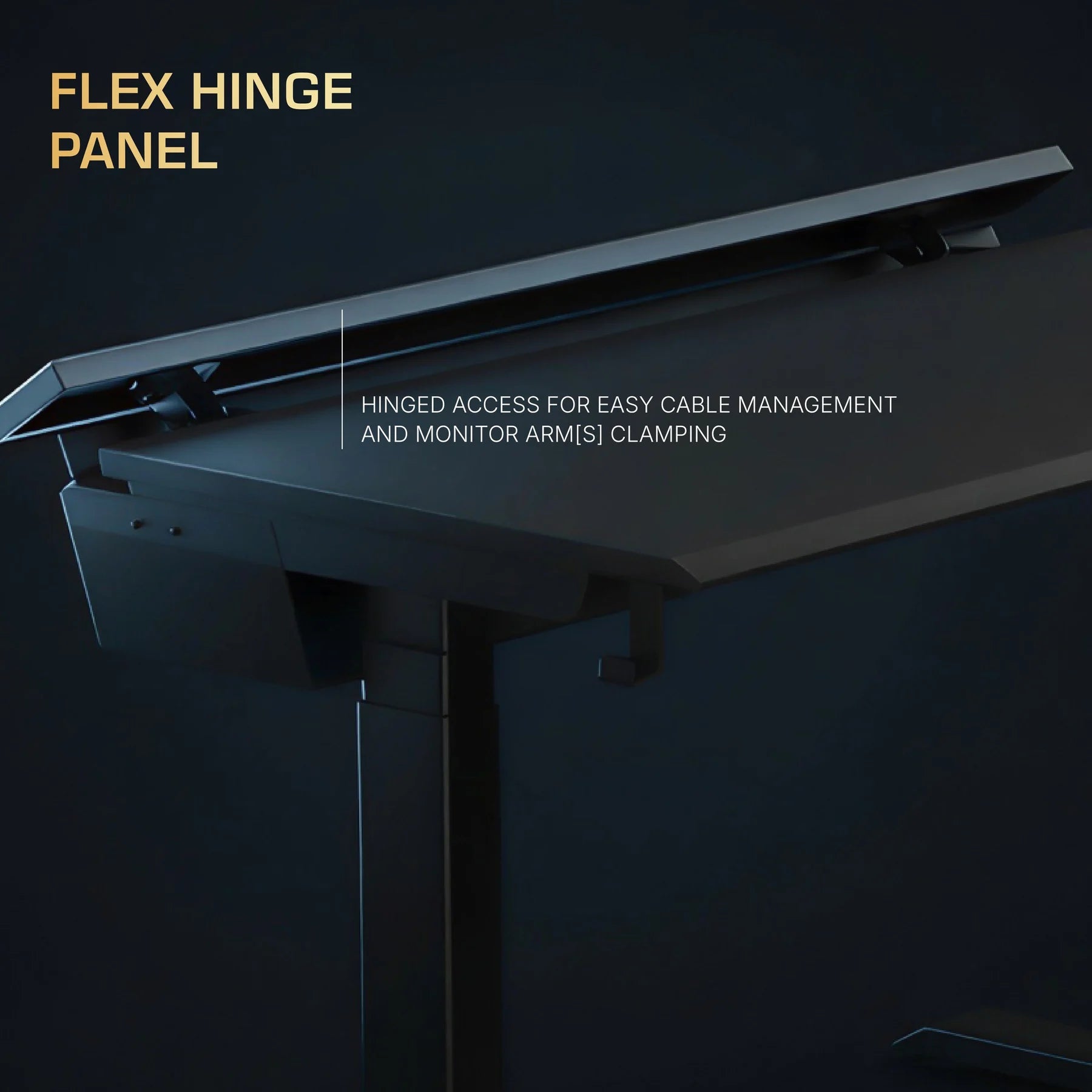 Close-up of the Arc Pro's flex hinge panel opening along the desktop edge