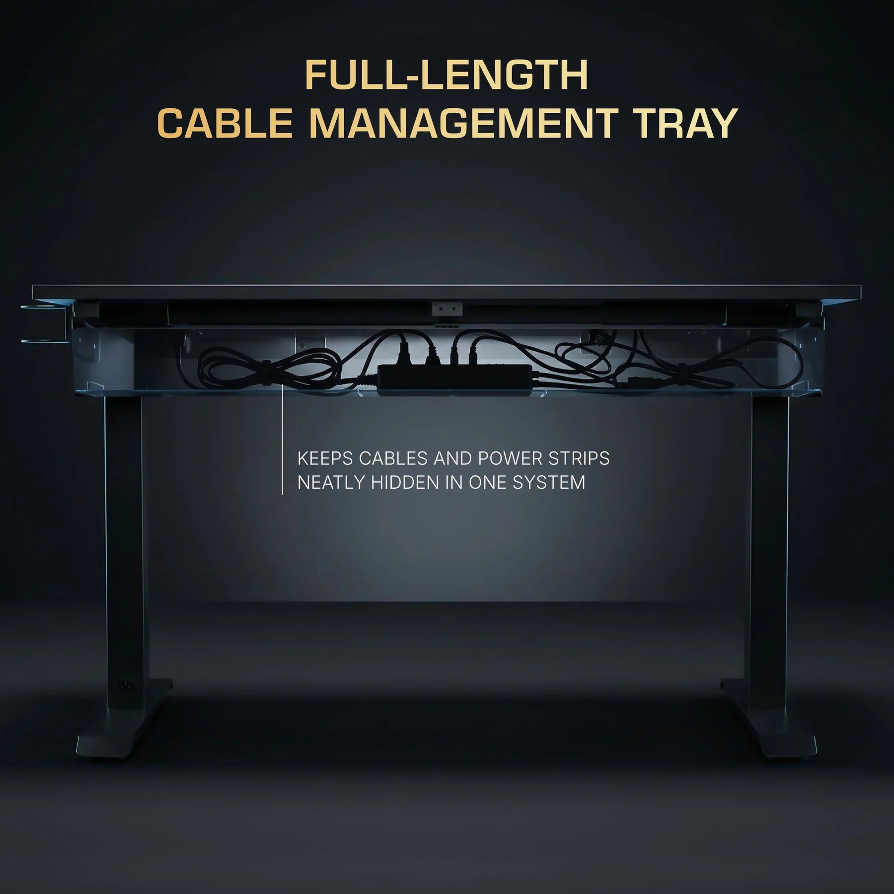 Underside of the Arc Pro desk showing the full-length cable management tray
