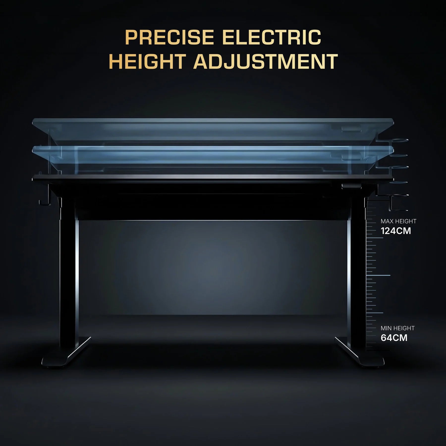 Arc Pro standing desk shown at minimum and maximum height, 64cm to 124cm