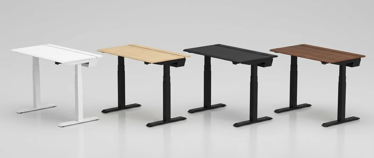 Arc Pro Standing Desk lineup in White, White Birch, Black, and Walnut finishes