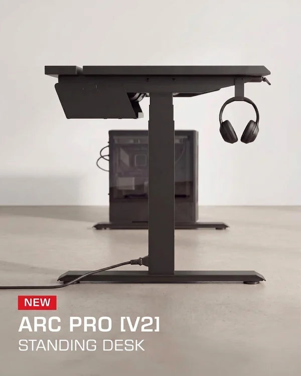 Side profile of the Arc Pro V2 standing desk with headphone hanger