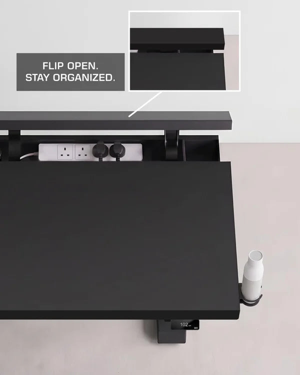 Arc Pro V2 desk with the FlexHinge cable management panel open